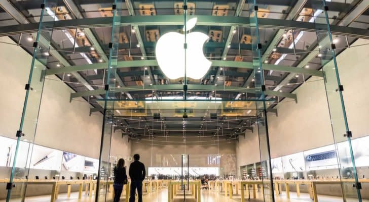 Apple (AAPL) logo on an Apple store in Santa Monica, California.