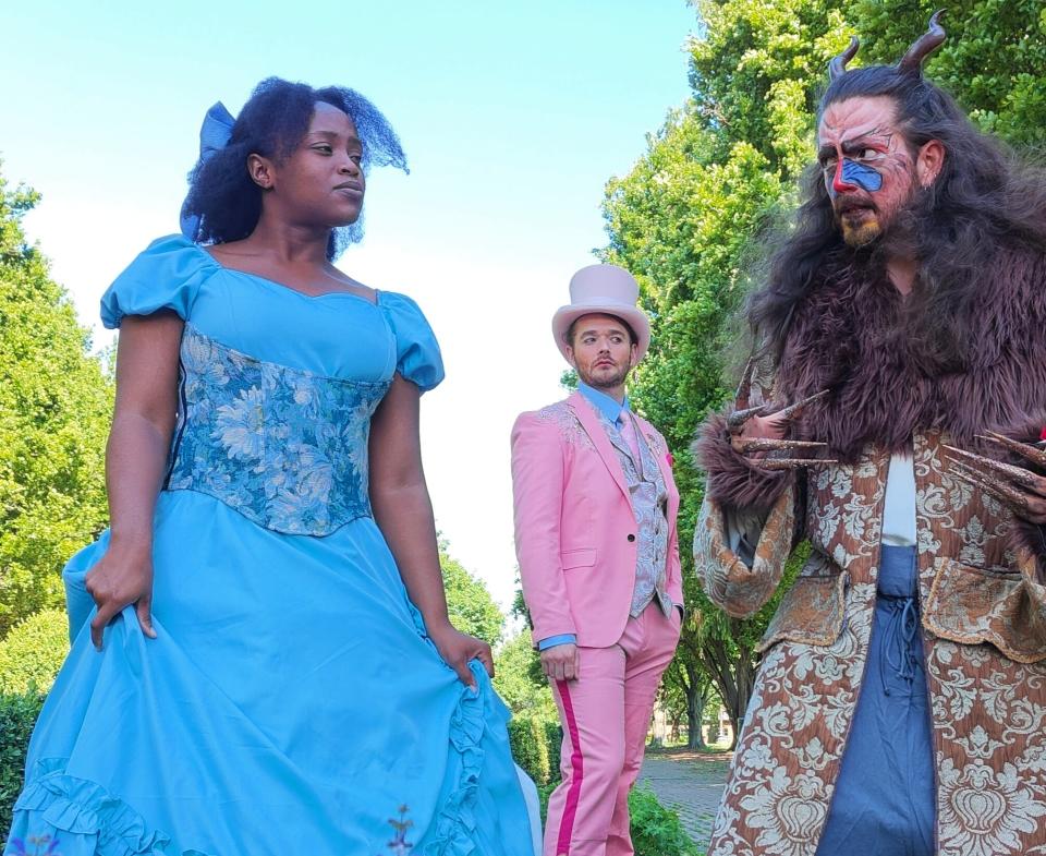 From left to right: Ogechi Mgbudem (as Beauty), Samuel Partridge (as The Man in Pink) and JT Walker (as Beast) can be seen Thursdays through Sundays at Schiller Park’s amphitheater in the Actors’ Theatre of Columbus production of “Beauty and the Beast."