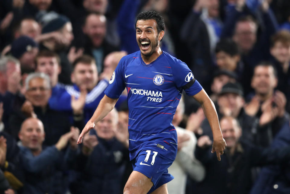 Pedro celebrates his goal and Chelsea’s third in a comfortable win over Crystal Palace