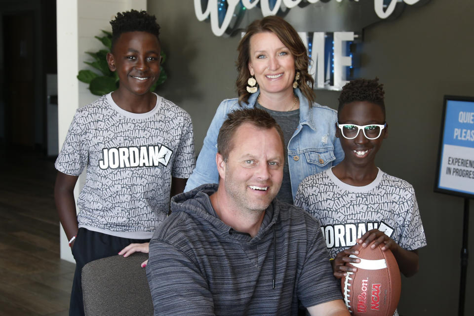 The Porter family is pictured at their church Friday, June 12, 2020, in Newcastle, Okla. From left are Timothy, Matt, Julie and Paul. The family lives in a small, mostly white town.(AP Photo/Sue Ogrocki)