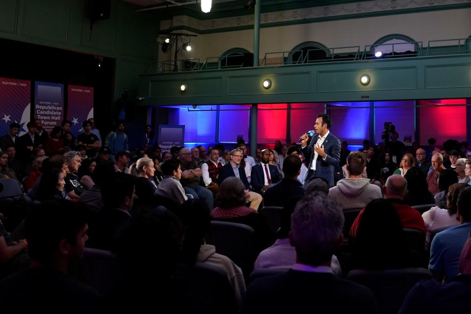 Republican presidential candidate Vivek Ramaswamy speaks during the Seacoast Media Group and USA TODAY Network 2024 Republican Presidential Candidate Town Hall Forum held in the historic Exeter Town Hall in Exeter, New Hampshire. The entrepreneur spoke to prospective New Hampshire voters about issues during the hour-long forum.