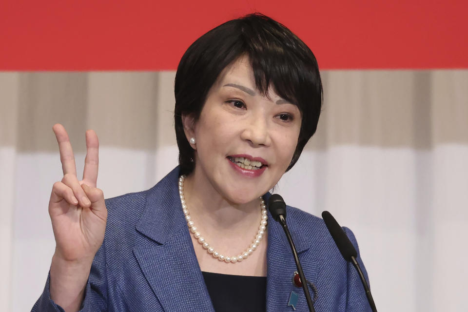 Former Internal Affairs Minister Sanae Takaichi, a candidate of the ruling Liberal Democratic Party (LDP) presidential election, delivers a speech for her election campaign in Tokyo Friday, Sept. 17, 2021. Official election campaigning kicked off Friday for the new head of Japan's governing Liberal Democratic Party, whose winner is almost assured to become next Japanese prime minister.(Yoshikazu Tsuno/Pool Photo via AP)