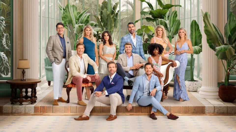 Rodrigo Reyes (left), Austen Kroll, Olivia Flowers, Leva Bonaparte, Jarrett Thomas, Shep Rose, Rod Razavi, Craig Conover, Venita Aspen, Madison LeCroy and Taylor Ann Green from “Southern Charm.” (Stephanie Diani/Bravo)