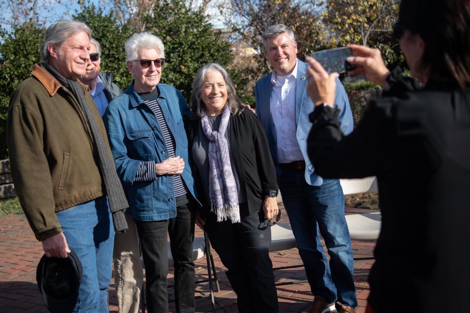From left, Knoxville City Councilman Charles Thomas, former Knoxville vice mayor Duane Grieve, Graham Nash of Crosby, Stills and Nash, former Knoxville mayor Madeline Rogero and current Knoxville Vice Mayor Andrew Roberto pose for a photo during an event at The Everly Brothers Park in Knoxville's Bearden neighborhood on Monday, Nov. 13, 2023. Nash is an honorary chairman of the park and was visiting the park ahead of his concert at the Bijou Theatre.