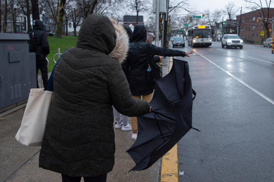 Commuters wait to board the 10 NJ Transit Bus on J.F. Kennedy Blvd at Audubon Ave in Jersey City, N.J. on Wednesday April 6, 2022. 