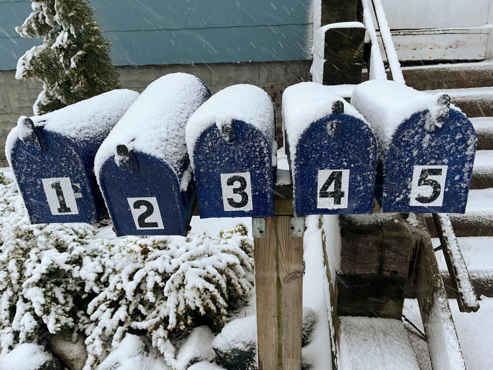 Mailboxes at an apartment house on Hazelhurst in Ferndale begin to cover with snow as a winter storm hits Detroit on March 3, 2023.