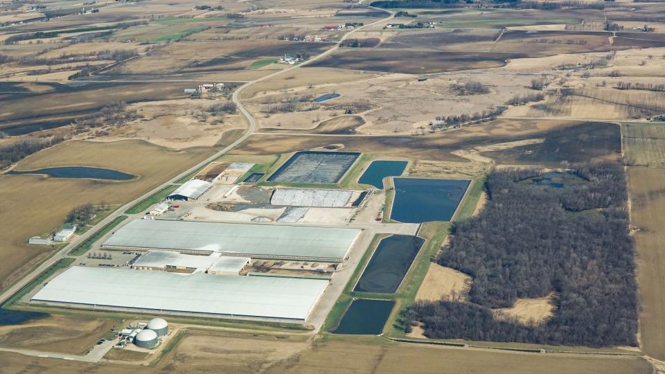 An aerial view of the Rosendale Dairy concentrated animal feeding operation, or CAFO, in  Fond du Lac County, Wis. In the past decade, the industrialization of agriculture has led to a sharp rise in the number of CAFOs, as large livestock operations offer cheaper meat and crowd out smaller farmers.