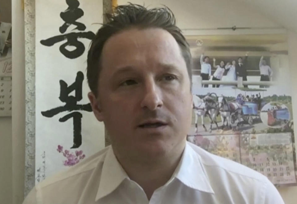 In this image made from video taken on March 2, 2017, Michael Spavor, director of Paektu Cultural Exchange, talks during a Skype interview in Yangi, China. A second Canadian man is feared detained in China in what appears to be retaliation for Canada's arrest of a top executive of telecommunications giant Huawei. The possible arrest raises the stakes in an international dispute that threatens relations. Canada's Global Affairs department on Wednesday, Dec. 12, 2018, said Spavor, an entrepreneur who is one of the only Westerners to have met North Korean leader Kim Jong Un, had gone missing in China. Spavor's disappearance follows China's detention of a former Canadian diplomat in Beijing earlier this week. (AP Photo)