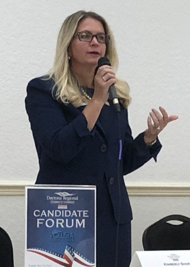 Kim Short speaks at a Daytona Regional Chamber of Commerce forum for Volusia County School Board candidates on Wednesday, June 22, 2022.