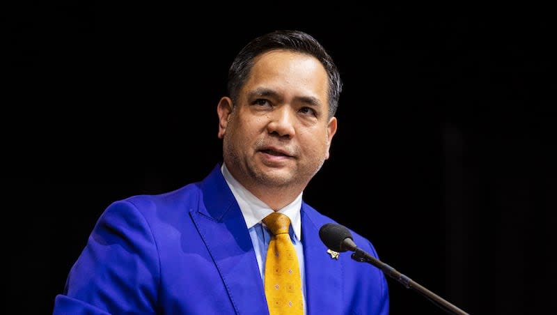 Utah Attorney General Sean Reyes speaks during the Utah Republican Party Organizing Convention at Utah Valley University in Orem on April 22, 2023. A judge on Tuesday sided with KSL, ordering the release of the attorney general's calendar.