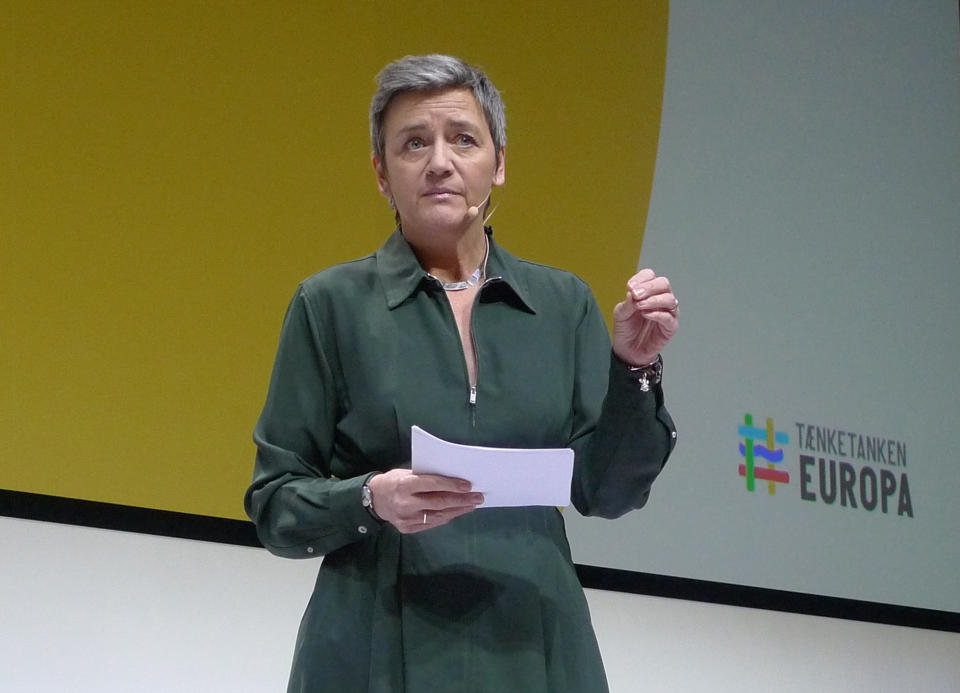 European Union Competition Commissioner Margrethe Vestager delivers a speech in Copenhagen, Denmark, Monday Jan. 14, 2019. Vestager has challenged big U.S. Silicon Valley companies such as Google and Apple with high profile cases, and is now laying the groundwork for intensified scrutiny of tech firms as she prepares to end her term in office in late 2019.(AP Photo / Kelvin Chan)