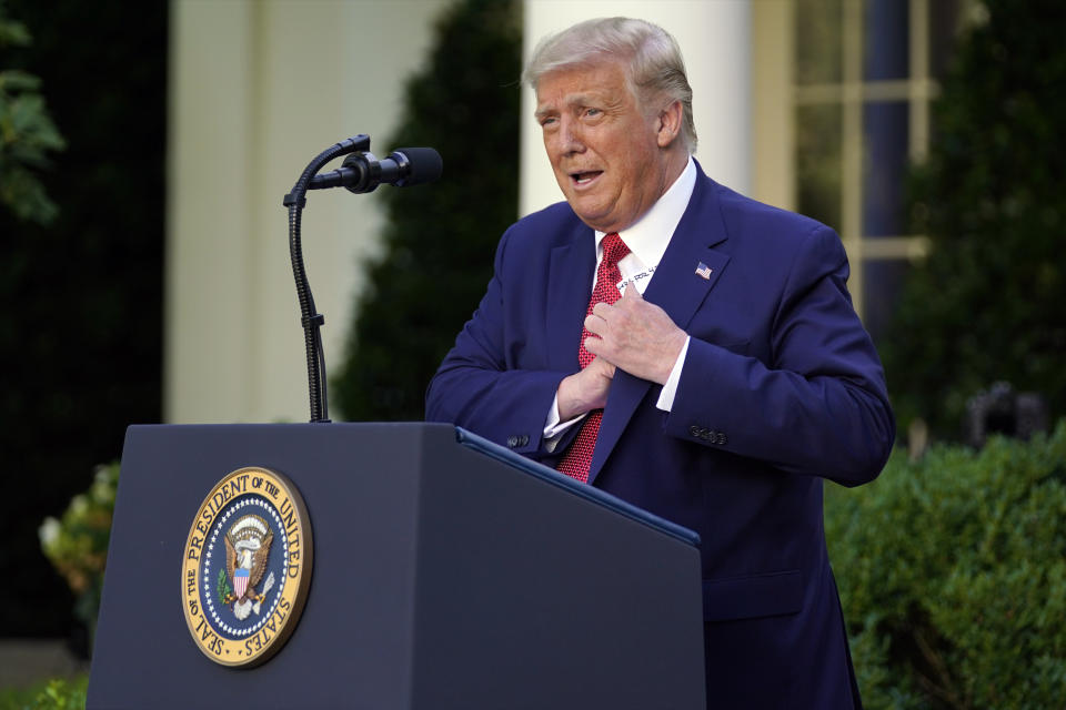 President Donald Trump speaks during a news conference in the Rose Garden of the White House, Tuesday, July 14, 2020, in Washington. (AP Photo/Evan Vucci)