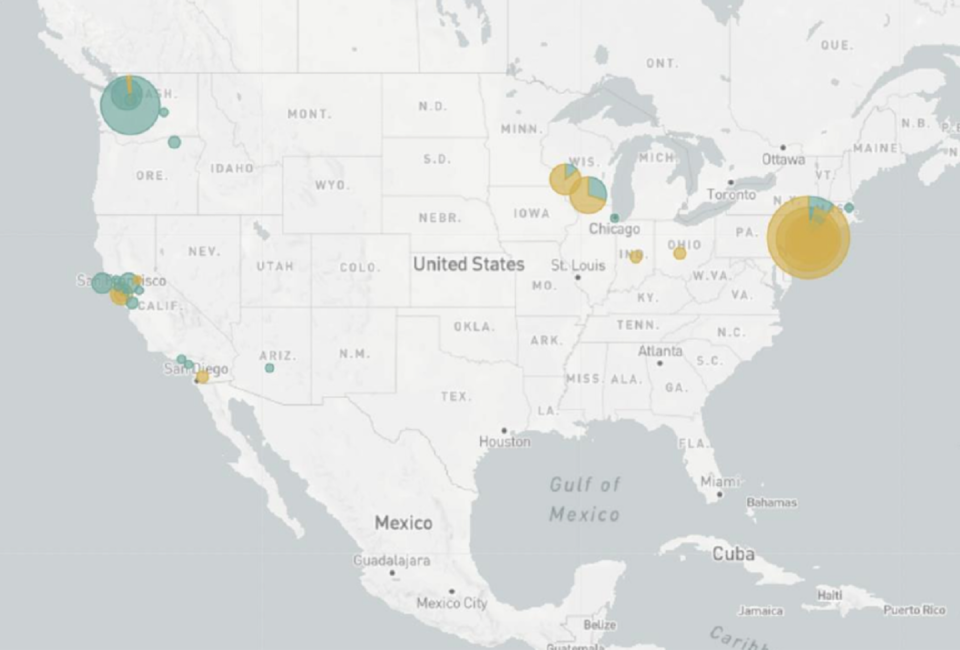 <span class="caption">Distribution of D614G mutation (orange) in the SARS-CoV-2 virus in the United States.</span> <span class="attribution"><a class="link " href="https://nextstrain.org/ncov/north-america?c=gt-S_614&r=location,%20accessed%204/15/20" rel="nofollow noopener" target="_blank" data-ylk="slk:Adam Brufsky;elm:context_link;itc:0;sec:content-canvas">Adam Brufsky</a>, <a class="link " href="http://creativecommons.org/licenses/by-sa/4.0/" rel="nofollow noopener" target="_blank" data-ylk="slk:CC BY-SA;elm:context_link;itc:0;sec:content-canvas">CC BY-SA</a></span>