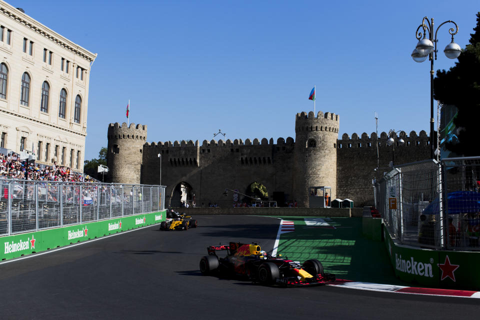 King of the castle: Daniel Ricciardo on his way to an unlikely win at the 2017 Azerbaijan Grand Prix in Baku