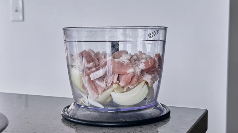 bacon and onions in food processor