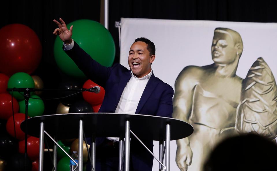 US Presidential Management Fellow Jesus Murillo delivers the keynote speech during the Tulare/Kings 2nd annual African American and students of color celebration, which is an HBCU pathway program, held at the College of the Sequoias in Visalia, Calif., Sunday, May 5, 2024.