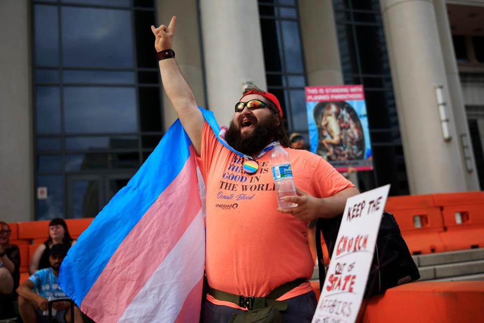 Cameron Dawson reacts during a protest outside the Duval County Courthouse Friday, June 24, 2022 in downtown Jacksonville. Hundreds came out express disappointment in today's Supreme Court 5-4 overturning the 1973 Roe vs. Wade case. The decision eliminated the constitutional right to an abortion. The crowd protested with signs and chants outside the Duval County Courthouse, hosted speakers, and capped off the night with a march through downtown. 