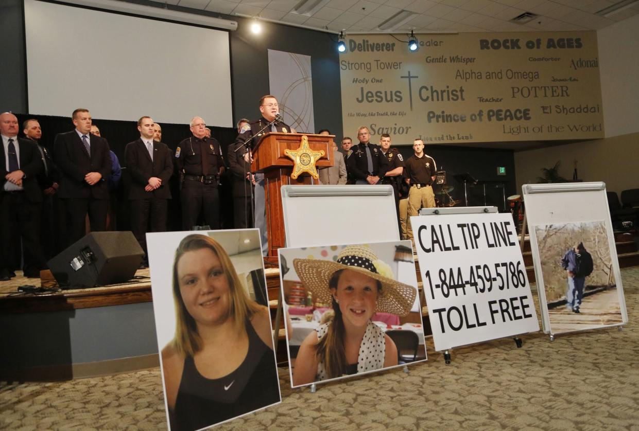 Capt. David Bursten of the Indiana State Police is joined by law enforcement officials from numerous departments to provide the latest details of the investigation into the deaths of Liberty German and Abigail Williams Wednesday, Feb. 22, 2017, at Delphi United Methodist Church in Delphi.