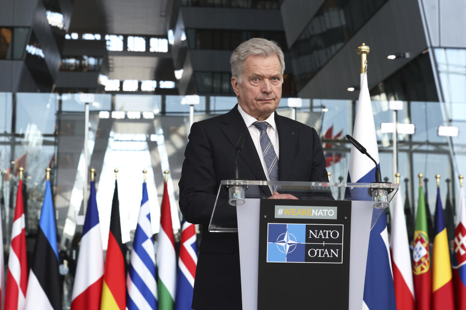 Finland's President Sauli Niinisto addresses the media prior to a flag raising ceremony on the sidelines of a meeting of NATO foreign ministers at NATO headquarters in Brussels, Tuesday, April 4, 2023. Finland joined the NATO military alliance on Tuesday, dealing a major blow to Russia with a historic realignment of the continent triggered by Moscow's invasion of Ukraine. (AP Photo/Geert Vanden Wijngaert)