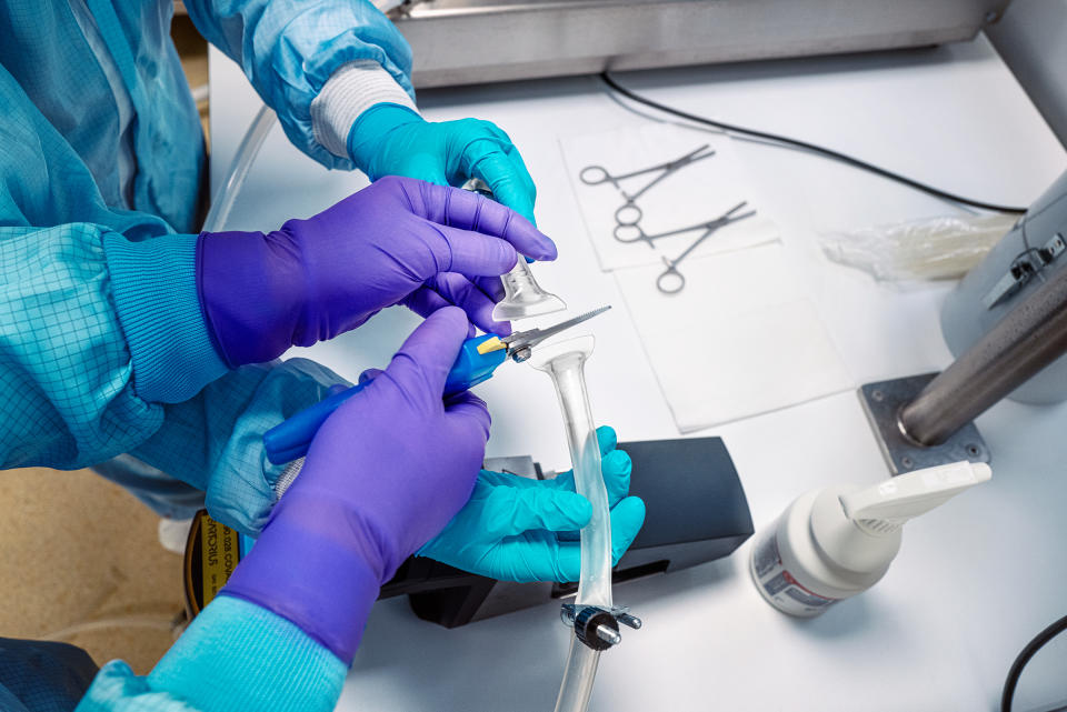 From start to finish, the entire manufacturing process flows through hermetically sealed plastic tubing. After the vaccine is pumped into bulk packaging, the tubes are sealed, then cut, to finish the process.<span class="copyright">Luca Locatelli for TIME</span>