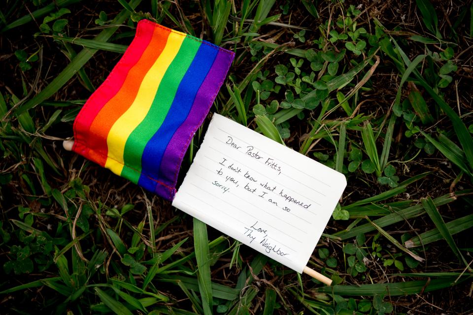 A person who wished to remain unidentified dropped off a Pride flag with an attached note reading "Dear Pastor Fritts, I don't know what happened to you, but I am so sorry. Love, Thy Neighbor" at All Scripture Baptist Church on Cherry Street in Knoxville, Tennessee on Wednesday, June 12, 2019. Fritts has come under fire for preaching in a recent sermon that the government should arrest and execute LGBTQ community members.