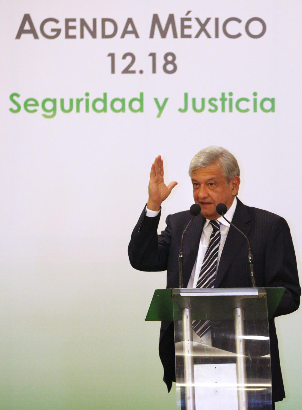 Presidential candidate Andres Manuel Lopez Obrador, of the Democratic Revolution Party (PRD), speaks during an event hosted by the non-governmental organization Mexico SOS, that advocates security and justice, in Mexico City, Monday April 2, 2012. The four candidates for Mexico's presidency officially launched their campaigns for the July 1 election on Friday, all of them promising change. (AP Photo/Alexandre Meneghini)