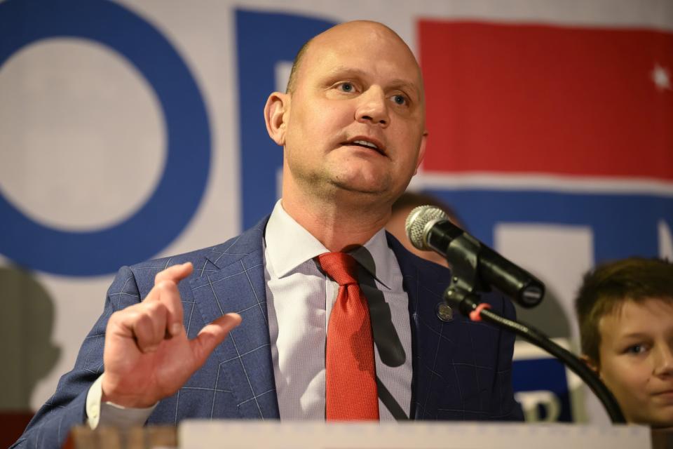 FILE - Kansas Secretary of State Scott Schwab, a Republican running for reelection, gives a victory speech at a watch party in Topeka, Kan., Tuesday, Nov. 8, 2022. The Kansas Supreme Court's majority has held that there is no state constitutional right to vote in the state. (AP Photo/Reed Hoffmann,file)