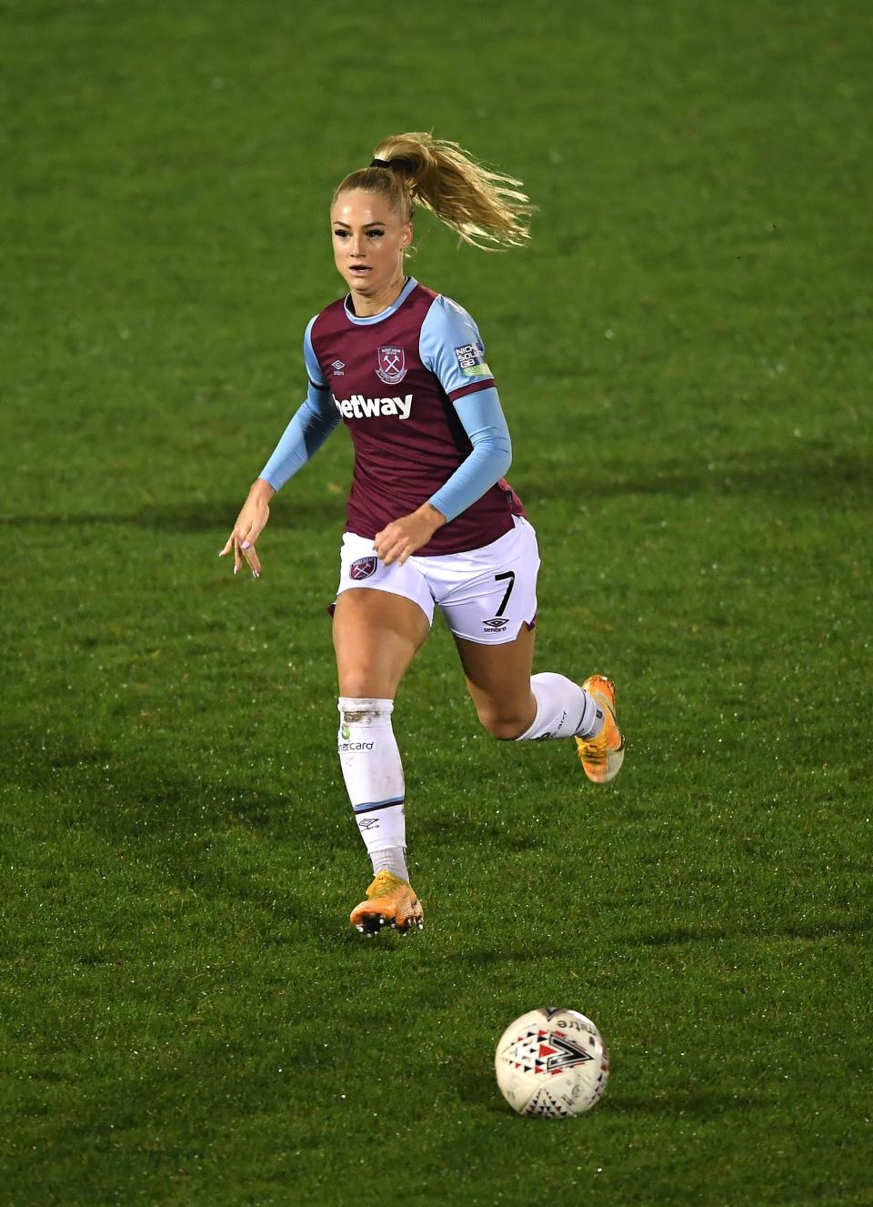 DAGENHAM, ENGLAND - NOVEMBER 04: Alisha Lehmann of West Ham United breaks through on goal during the FA Women's Continental League Cup match between West Ham United and Reading at the Chigwell Construction Stadium on November 04, 2020 in Dagenham, England. (Photo by Alex Davidson/Getty Images)