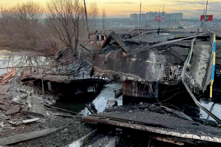 As Russian forces advanced near the town of Irpin, Ukrainian forces blew up a bridge, seen here on Friday, to slow their advance. (via Ukrainian Ministry of Internal Affairs)