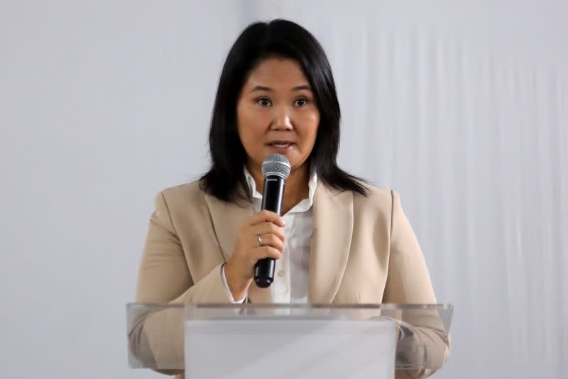 Peru's conservative Keiko Fujimori addresses the media after the electoral jury rejected her appeals to flip election results, in Lima