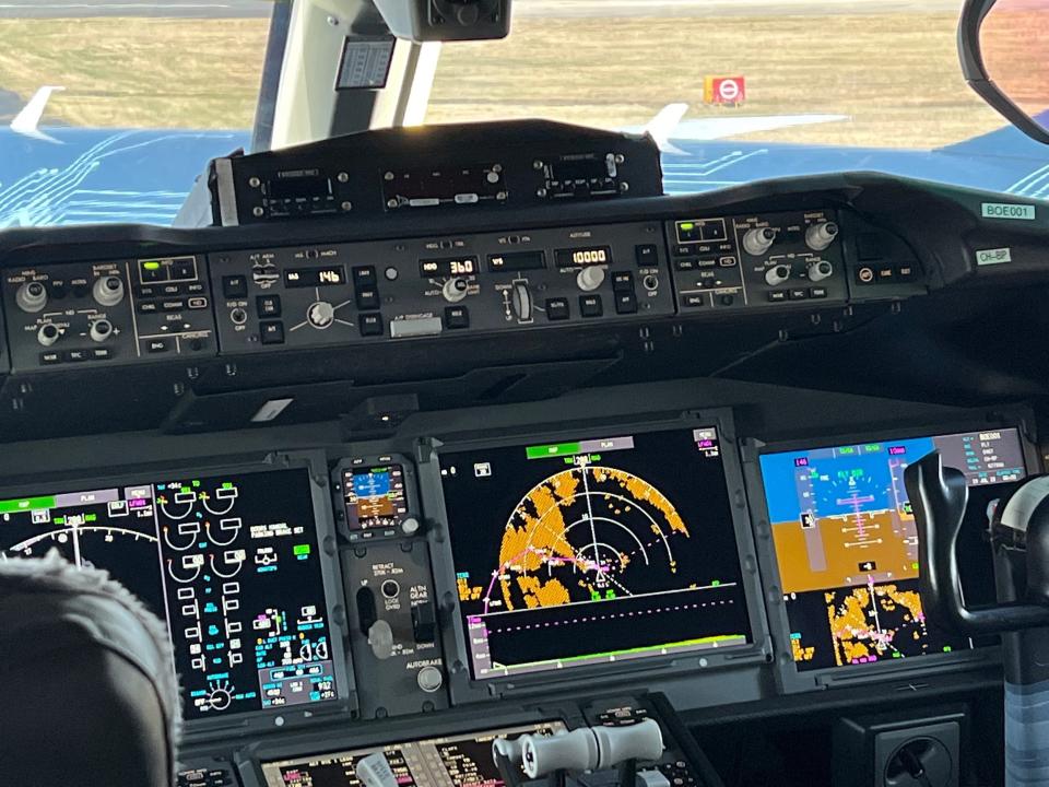 Boeing 777X Flight Test 1 aircraft at the Farnborough International Air Show 2022.