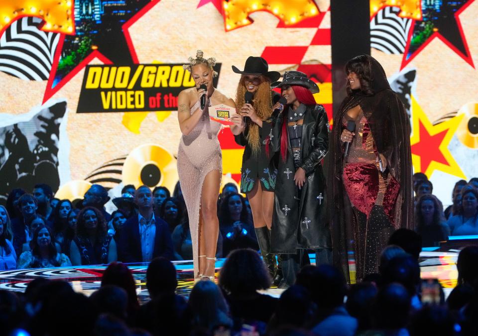 Tanner Adell, Tiera Kennedy, Reyna Roberts and Brittney Spencer appear onstage at the 2024 CMT Music Awards at the Moody Center in Austin, Tex., Sunday night, April 7, 2024.