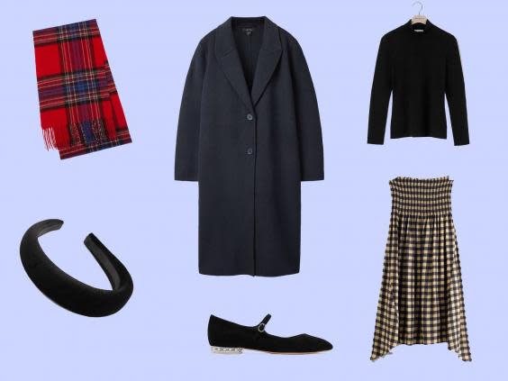 Long Sleeve Roll Neck Top, £16, Warehouse; Smocked Waist Plaid Midi Skirt, £65, & Other Stories; Tailored Full Length Coat, £180, Cos; Sophia Webster, Toni Crystal Mary Jane Flats, £325, Net-a-Porter; Velvet Padded Headband, £10, Topshop; Cashmere Checked Scarf, £39.90, Uniqlo