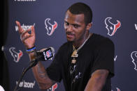 FILE - Houston Texans quarterback Deshaun Watson speaks during a news conference after an NFL football game against the Los Angeles Chargers, Sept. 22, 2019, in Carson, Calif. The NFL suspended Watson for six games on Monday, Aug. 1, 2022 for violating its personal conduct policy following accusations of sexual misconduct made against him by two dozen women in Texas, two people familiar with the decision said. (AP Photo/Mark J. Terrill, File)