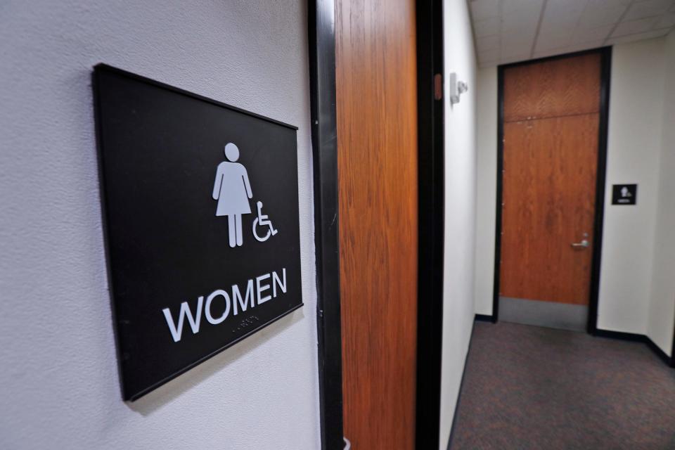 Bathrooms are seen at the Nora Library, Monday, Sept. 20, 2021 in Indianapolis. Indianapolis Public Library branches will benefit from bonds approved by city county council for upgrades. One upgrade this library would need is to further improve accessibility of the bathrooms.