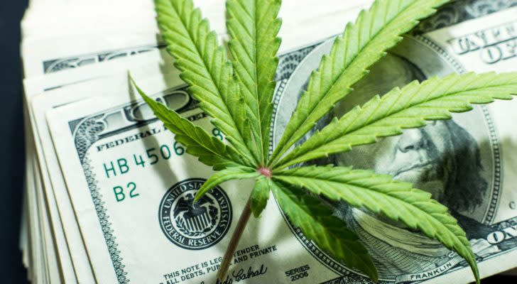 image of marijuana leaf on top of several one-hundred dollar bills