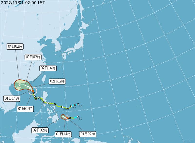 奈格與榕樹颱風預估路徑。（圖／翻攝自中央氣象局）
