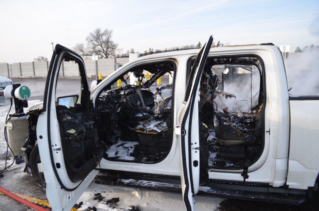 An electric Ford F-150 Lightning caught fire on Feb. 4 because of a battery issue traced back to one of the automaker’s suppliers. The blaze spread to three electric pickups in a Ford holding lot in Dearborn, Mich.
 (Dearborn Police Dept)