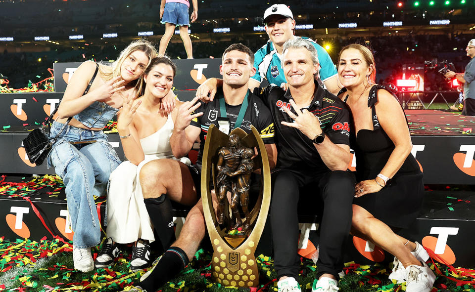 Nathan Cleary, pictured here with his parents and siblings after the 2023 grand final.