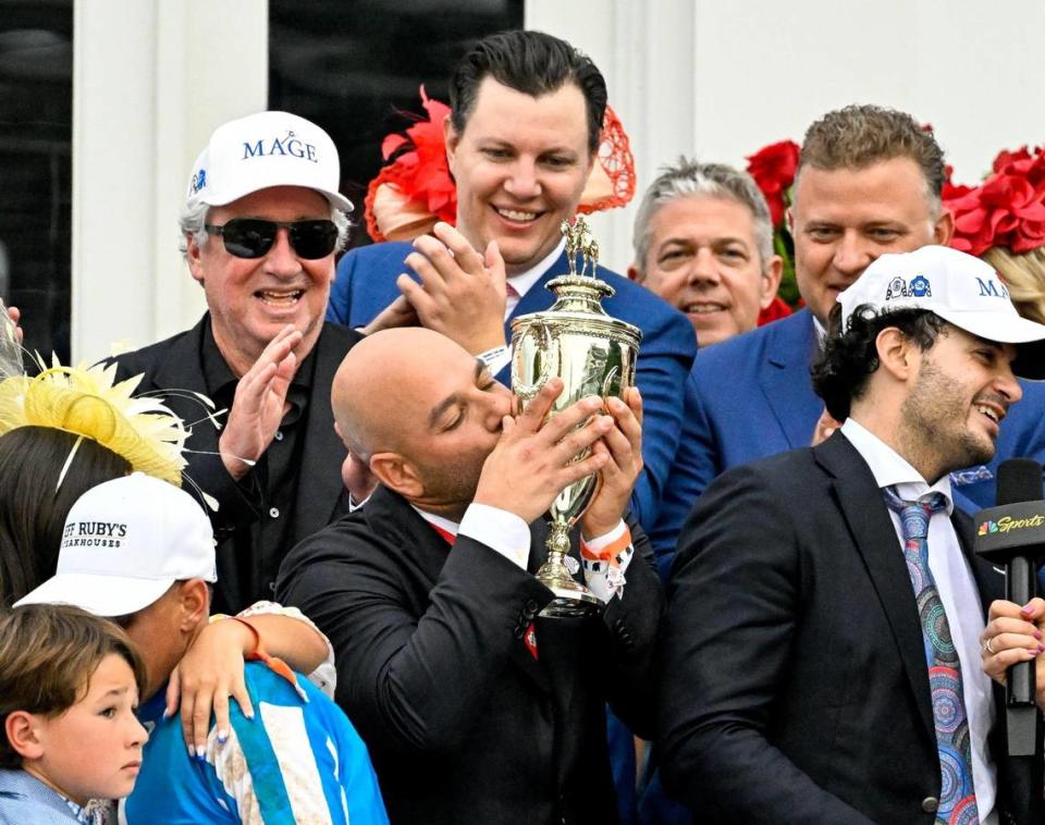 Ramiro Restrepo, Brian Doxtator, Gustavo Delgado Jr and winning connections in the winner’s circle after Mage with Javier Castellano win the Kentucky Derby (G1) at Churchill Downs in Louisville, KY on May 6, 2023.