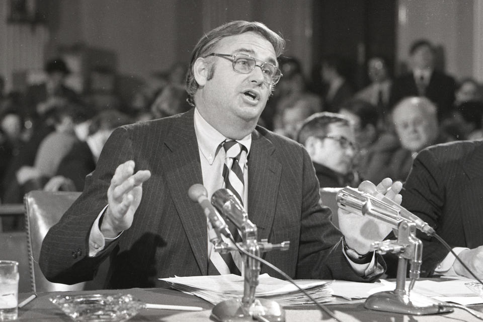 FILE - Sen. Lowell Weicker, R-Conn., tells a Senate subcommittee on April 8, 1974, in Washington, DC, that a secret task force to compile intelligence reports on President Nixon's political enemies was set up inside the Internal Revenue Service within months of Nixon becoming president. Weicker, a Republican U.S. senator who tussled with his own party during the Watergate hearings, championed legislation to protect people with disabilities and later was elected Connecticut governor as an independent, died Wednesday, June 28, 2023, at a hospital in Middletown, Conn., after a short illness. He was 92. (AP Photo/File)