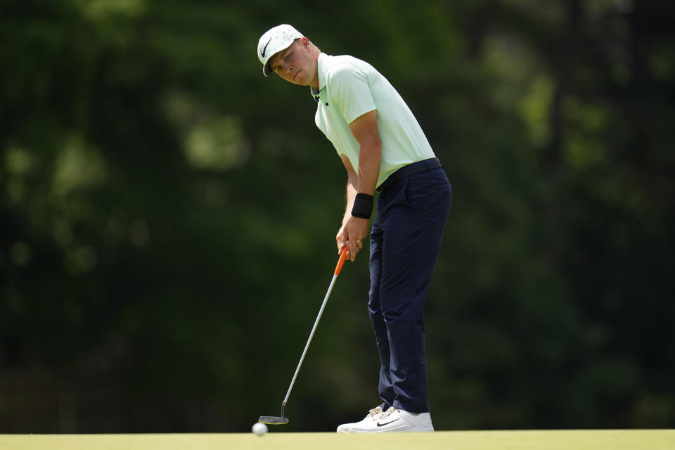 Nick Hardy putts on the fifth hole during the second round of the U.S. Open golf tournament at The Country Club, Friday, June 17, 2022, in Brookline, Mass. (AP Photo/Julio Cortez)