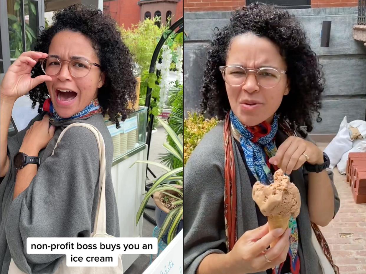 screenshots of a TikTok video showing a woman in glasses and grey shawl eating an ice cream cone under the text "non-profit boss buys you an ice cream"