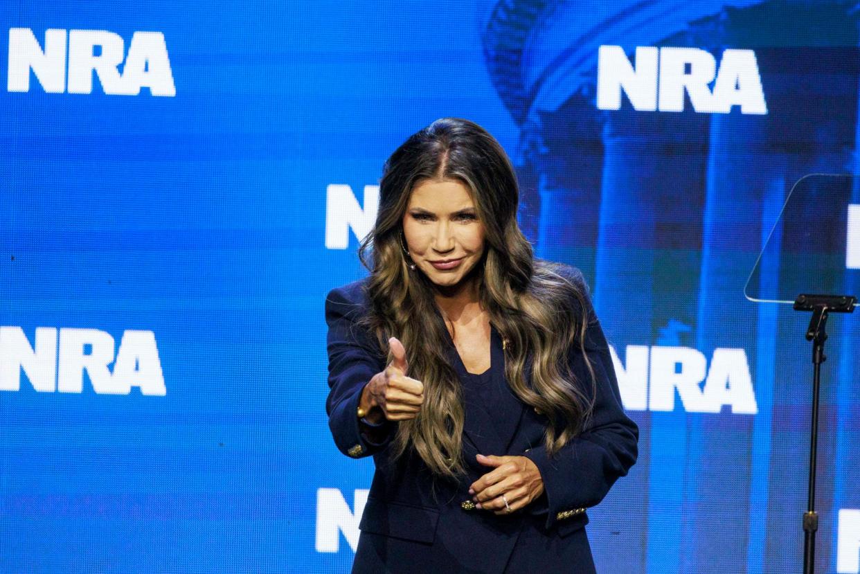 <span>Kristi Noem speaks at the NRA leadership forum in Indianapolis on 14 April 2023.</span><span>Photograph: Jeremy Hogan/SOPA Images/LightRocket via Getty Images</span>