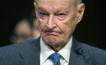 <p>Zbigniew Brzezinski, counselor and trustee, Center For Strategic And International Studies, testifies on Capitol Hill in Washington, Wednesday, Jan. 21, 2015, before the Senate Armed Services Committee’s hearing to examine global challenges and U.S. national security strategy. (Photo: Cliff Owen/AP) </p>