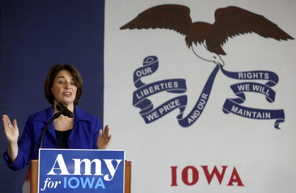 Democratic presidential candidate U.S. Sen. Amy Klobuchar, D-MN., speaks during an event at Grand River Center in Dubuque, Iowa, on Saturday, Dec. 7, 2019. (Jessica Reilly/Telegraph Herald via AP)