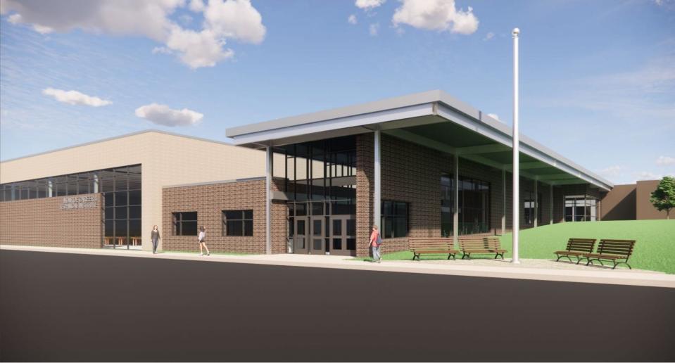 A rendering shows how Monroe Career and Technical Institute's expansion project will change the face of the school with an addition to what is currently the entrance.