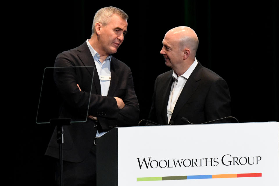 Woolworths CEO Brad Banducci (left) and Woolworths chairman Gordon Cairns are seen during the Woolworths Group AGM at the International Convention Centre in Sydney, Monday, December 16, 2019. (AAP Image/Bianca De Marchi)