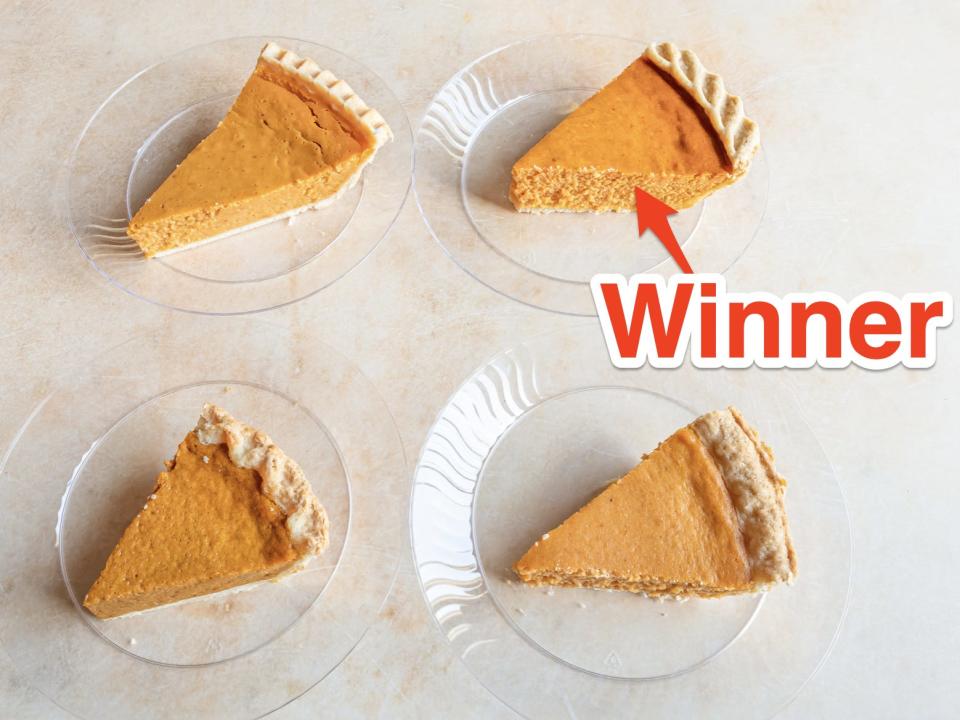 Four pumpkin-pie slices on clear plates with red "Winner" text and arrow pointing to one from Safeway