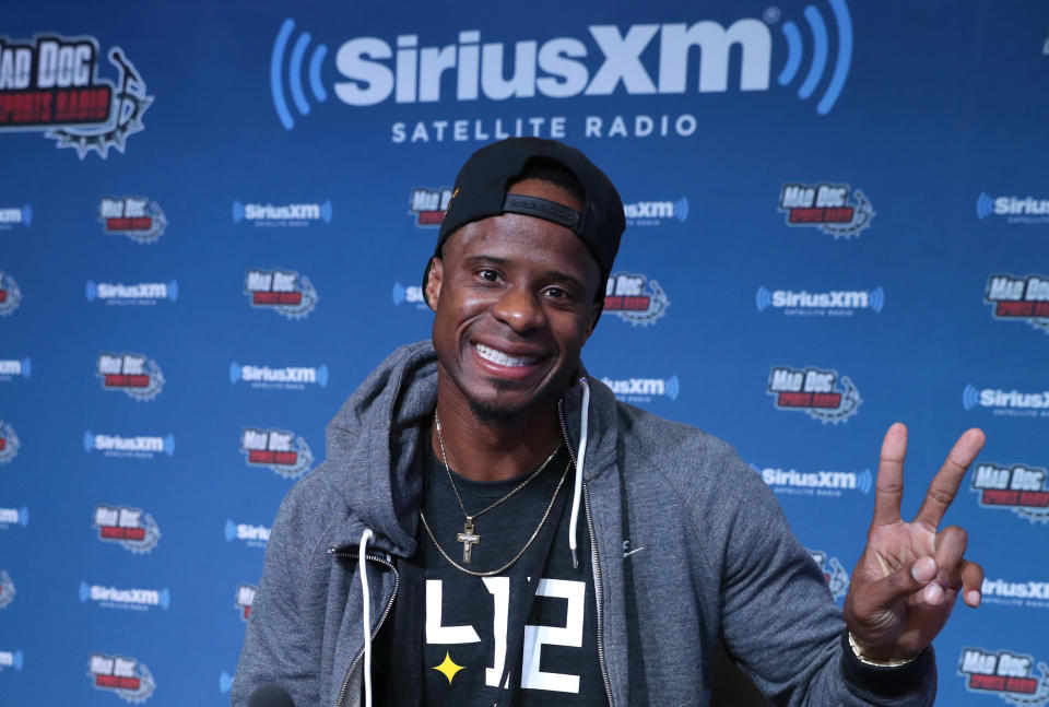 Former NFL player Ike Taylor visits the SiriusXM set at Super Bowl LI Radio Row at the George R. Brown Convention Center on February 3, 2017 in Houston, Texas.
